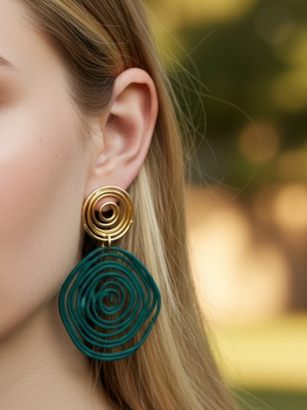 "Kendra" Asymmetrical Retro Hoop Gold Turquoise Abstract Art Geometric Earrings - Picture 6 of 7